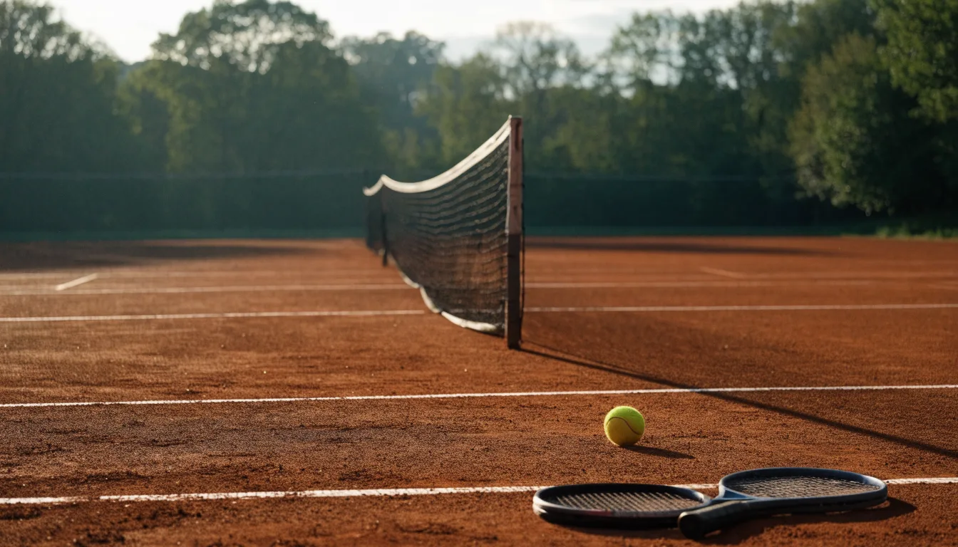 Ein Tennisplatz bei Sonnenaufgang, Netz und Grundlinien im weichen Licht, niemand ist zu sehen.