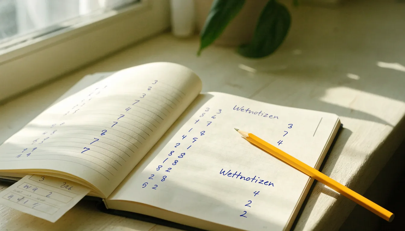 Ein aufgeschlagenes Notizbuch mit handschriftlichen Skizzen und ein Bleistift liegen auf einer Fensterbank im Tageslicht.