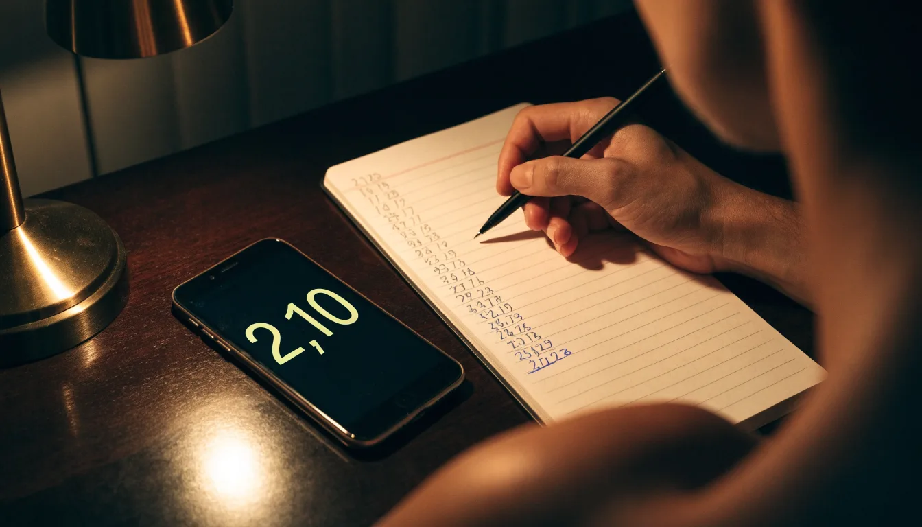 Ein Taschenrechner und ein Notizbuch mit handschriftlichen Zahlenreihen liegen auf einem Schreibtisch unter einer Lampe.