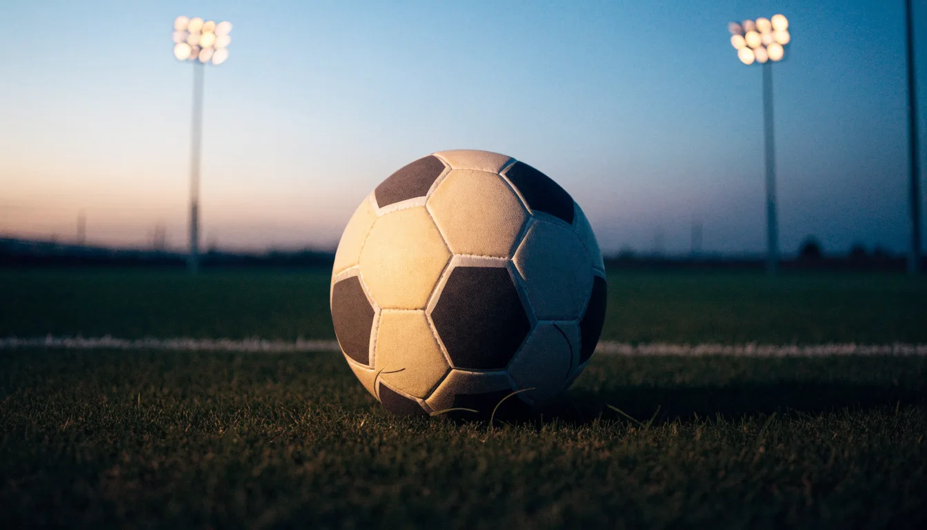 Ein Fußball liegt im Gras eines leeren Platzes, im Hintergrund stehen Flutlichtmasten in der Dämmerung.