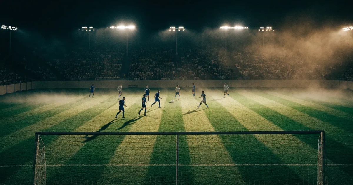 Ein leeres Stadion unter Flutlicht aus großer Entfernung gesehen, Dunst liegt über dem Rasen, die Tribünen sind nur als Lichtpunkte erkennbar.