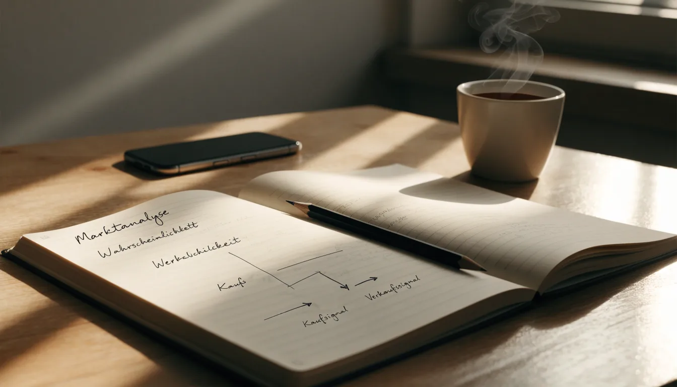 Ein aufgeschlagenes Notizbuch mit handschriftlichen Skizzen und ein Bleistift liegen auf einem Schreibtisch neben einer Tasse Tee.
