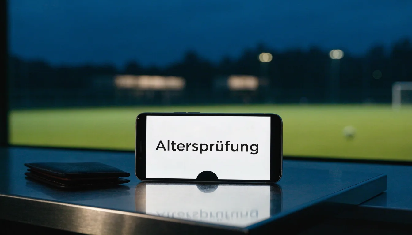 Ein Vorhängeschloss hängt an einem Metalltor in der Dämmerung, im Hintergrund unscharf ein Fußballplatz.