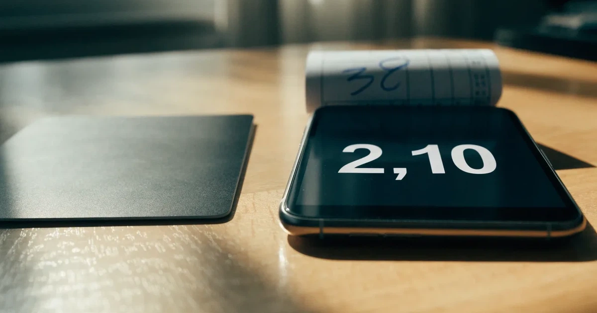 Eine Plastikkarte ohne Aufdruck liegt neben Münzen und einem Smartphone mit dunklem Display auf einem hellen Tisch.