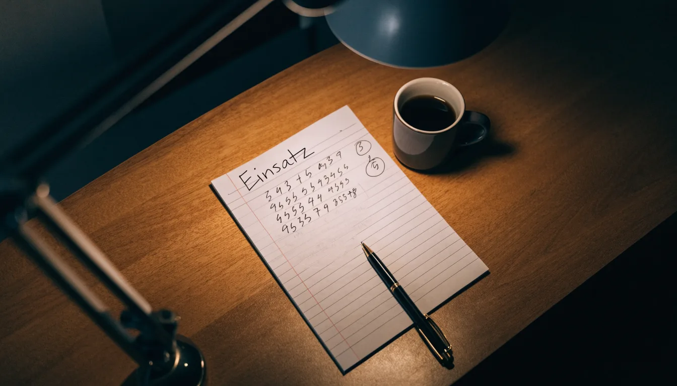 Ein Taschenrechner und ein Bleistift liegen auf einem Schreibtisch neben einer Tasse Kaffee im Licht einer Lampe.