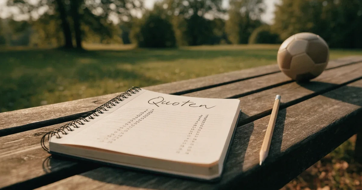 Ein Notizbuch mit handschriftlichen Zahlenkolonnen und ein Bleistift liegen neben einem Fußball auf einer Holzbank.