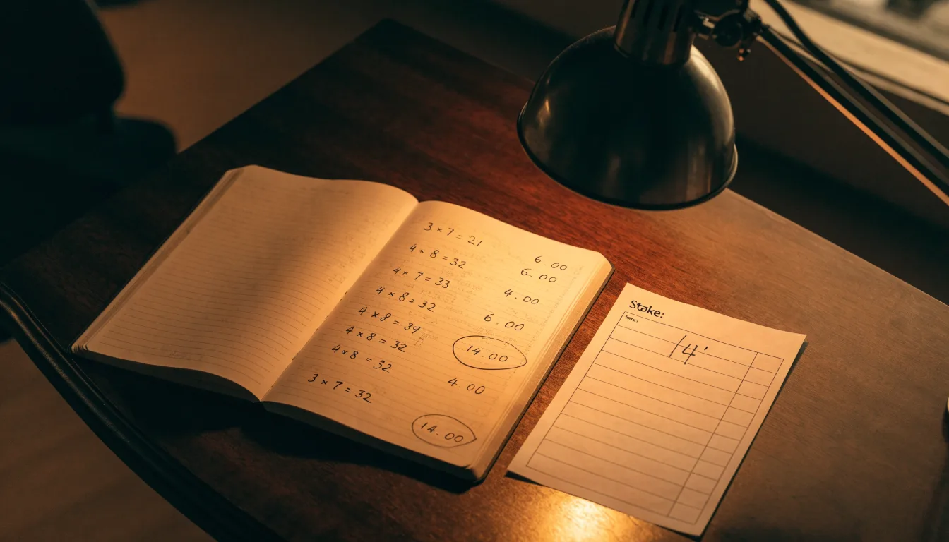 Ein Taschenrechner und ein aufgeschlagenes Notizbuch mit handschriftlichen Zahlenreihen liegen unter einer Schreibtischlampe.