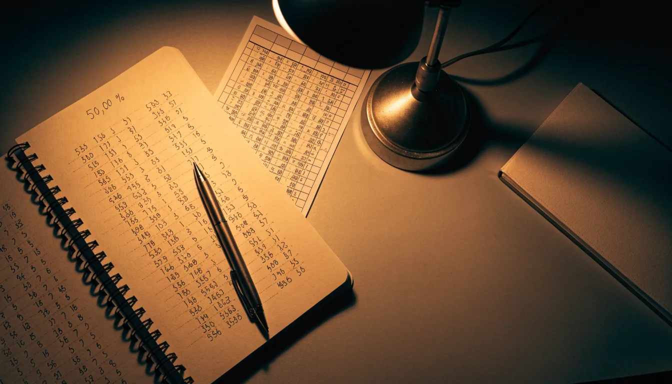 Ein Taschenrechner und ein aufgeschlagenes Notizbuch mit handschriftlichen Zahlenreihen liegen unter einer Schreibtischlampe.
