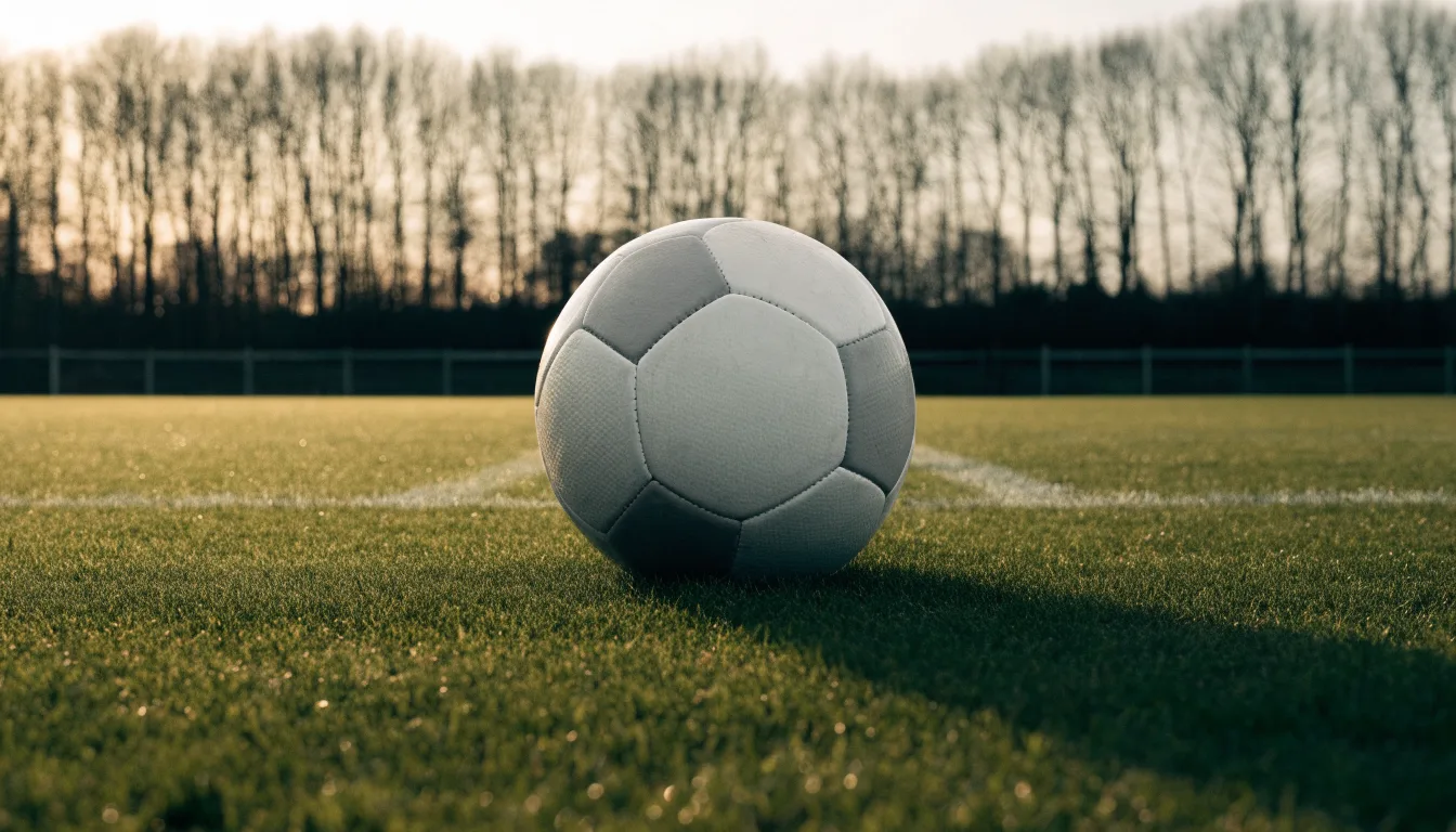 Ein Fußball liegt allein auf dem Anstoßpunkt eines leeren Rasenplatzes im Morgenlicht, am Rand ein niedriger Zaun.