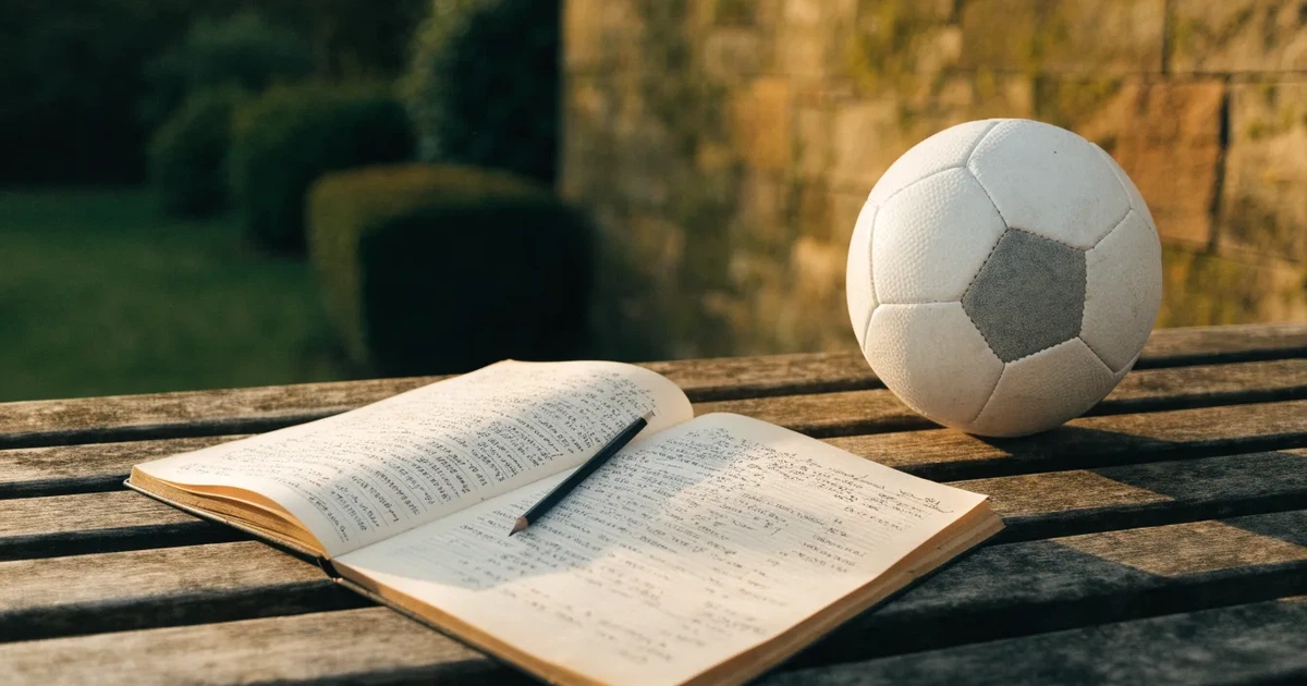 Ein Notizbuch mit handschriftlichen Zahlenkolonnen und ein Bleistift liegen neben einem Fußball auf einer Holzbank.