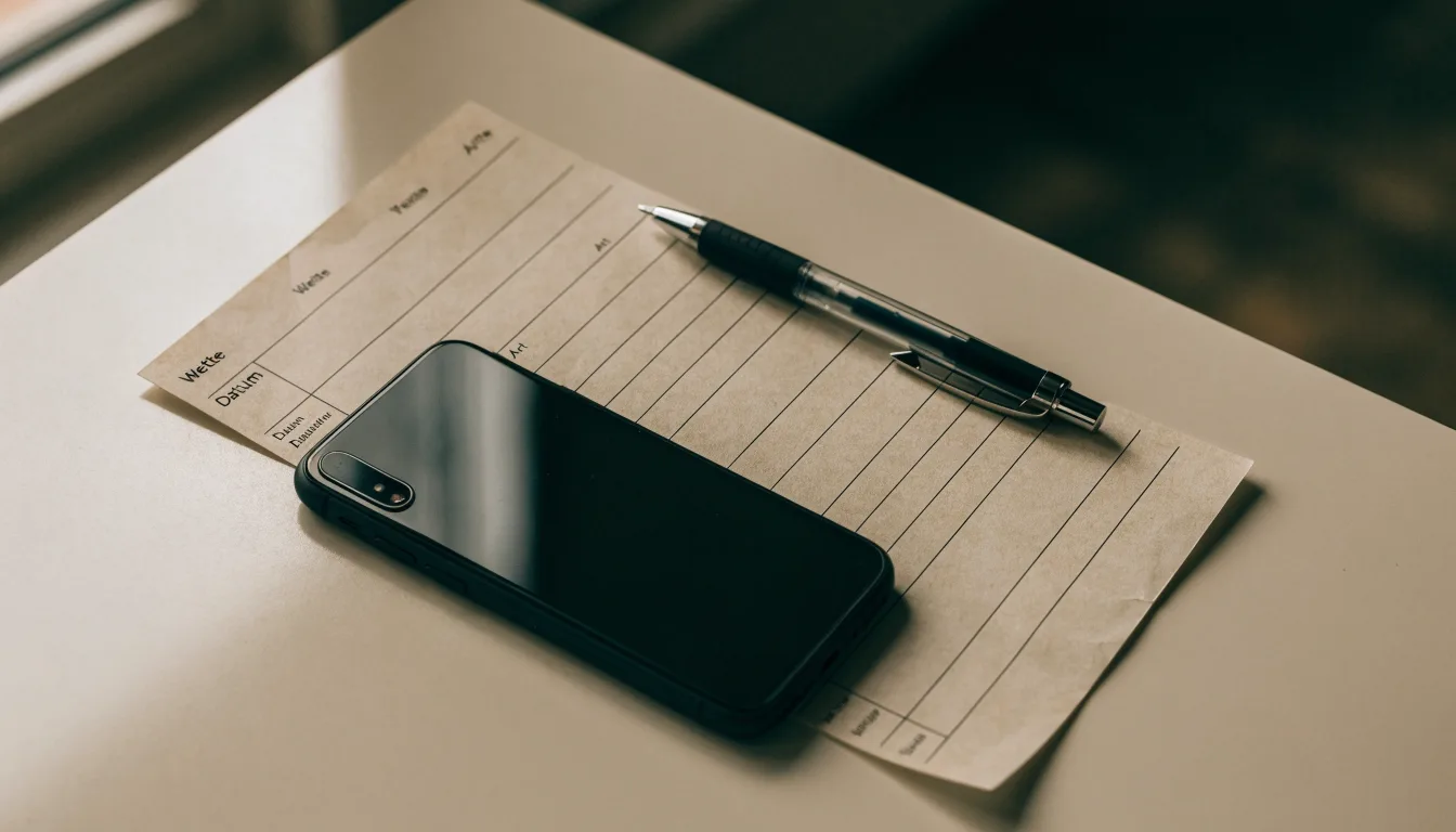 Ein leerer Papier-Wettschein und ein Kugelschreiber liegen neben einem Smartphone mit dunklem Display auf einem Tisch am Fenster.
