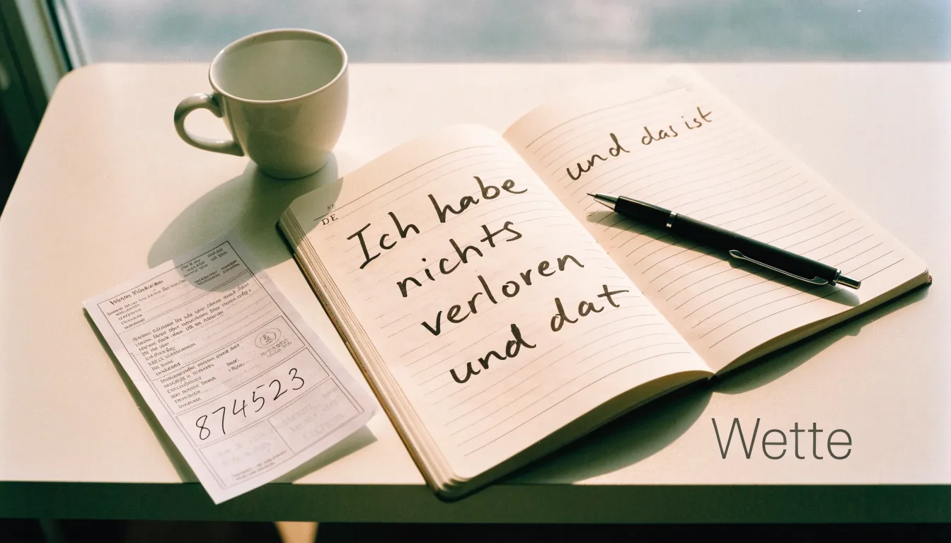 Ein Notizbuch mit handschriftlichen Rechnungen und ein Taschenrechner liegen auf einem hellen Schreibtisch neben einer Kaffeetasse.