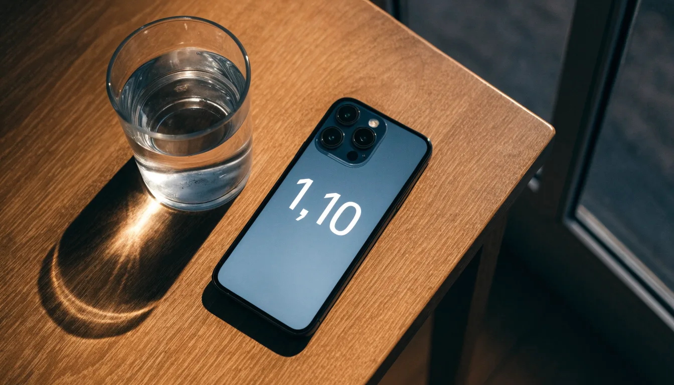 Ein Smartphone liegt mit dem Display nach unten auf einem Holztisch neben einem Glas Wasser, Abendlicht fällt durch ein Fenster.