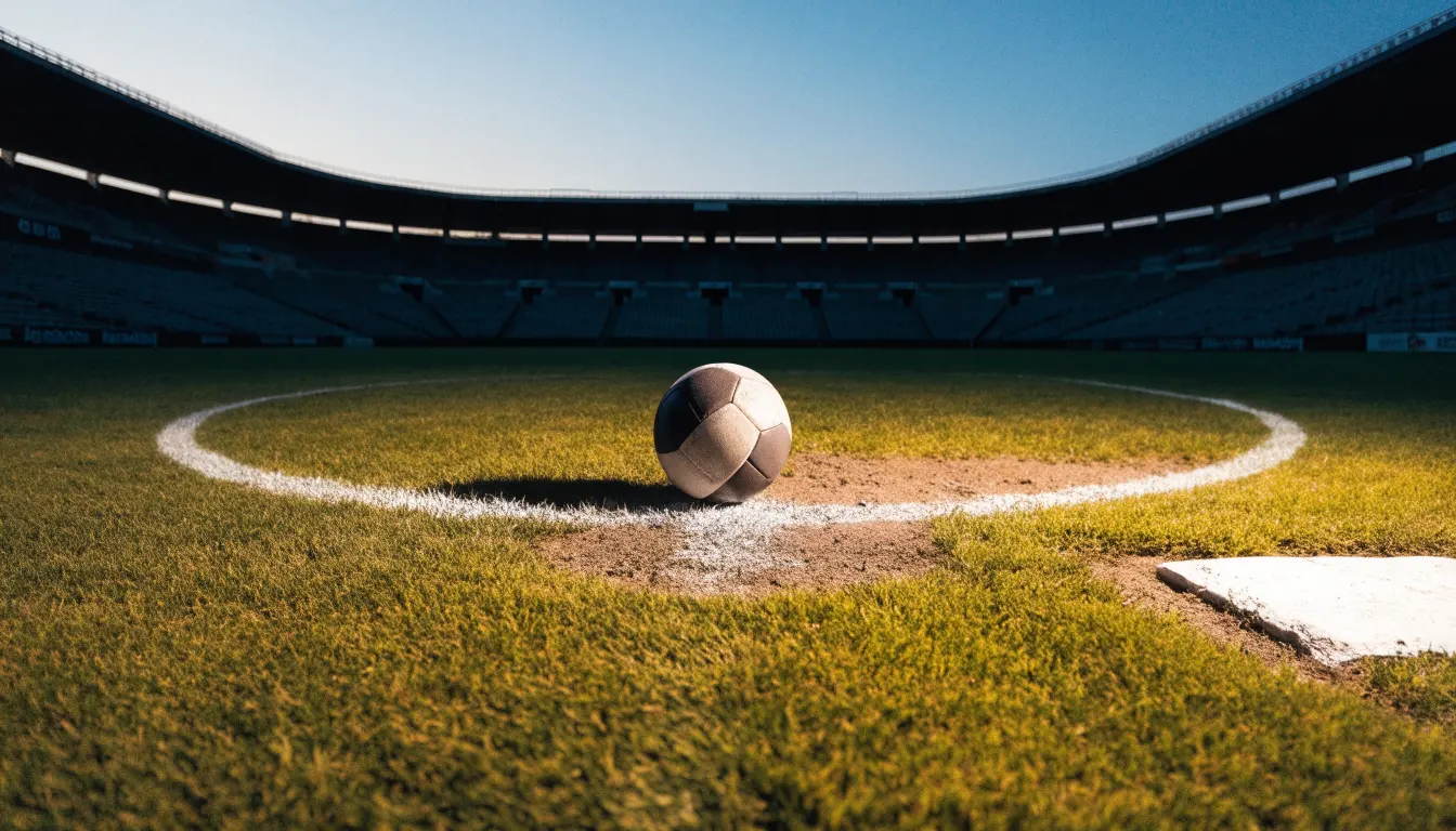 Ein Fußball liegt auf dem Anstoßpunkt eines leeren Rasenplatzes, dahinter ragen dunkle Ränge in den Abendhimmel.
