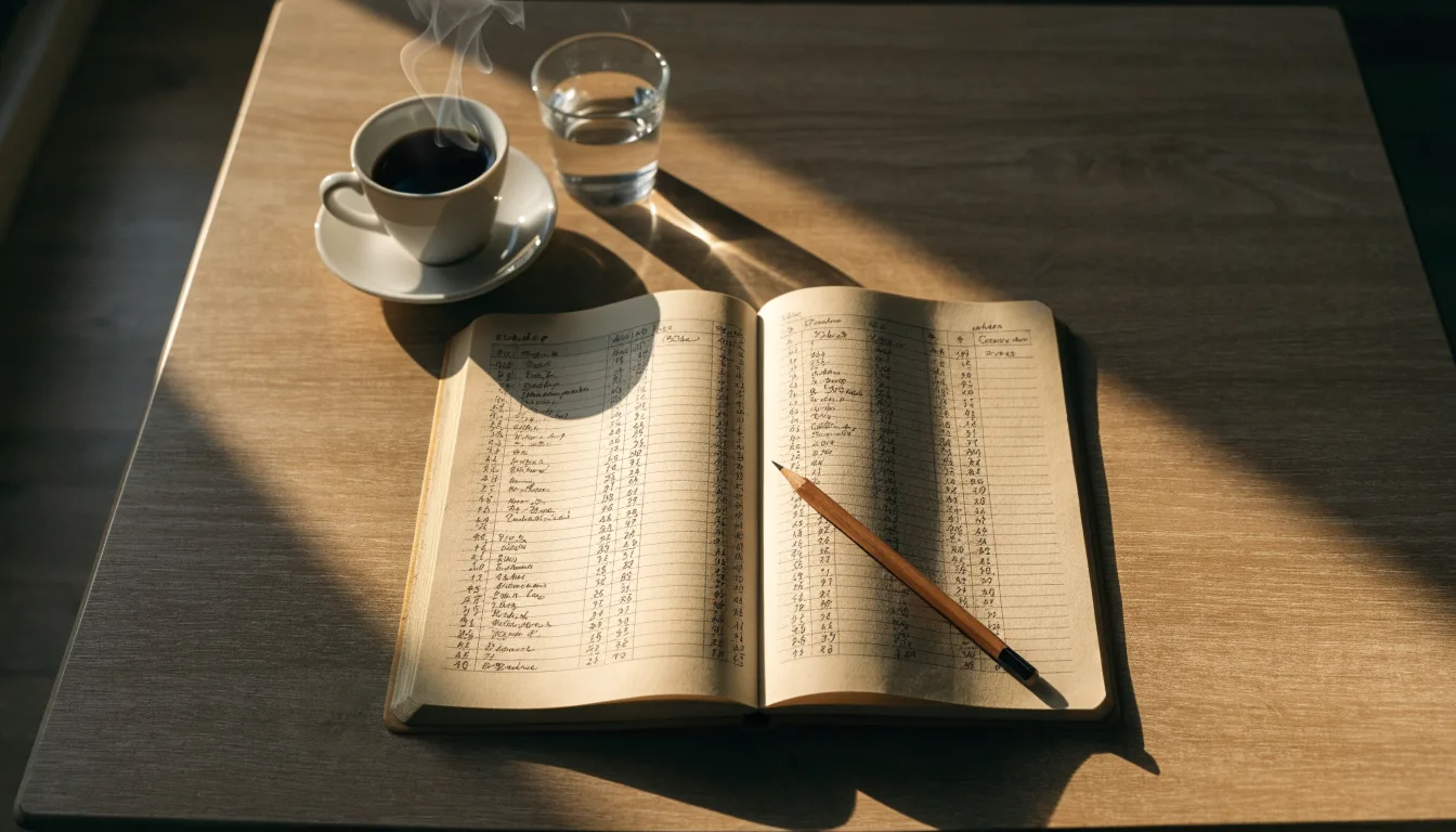 Ein Notizbuch mit handschriftlichen Notizen und einem Bleistift liegt auf einem Tisch, daneben steht eine Kaffeetasse im Morgenlicht.