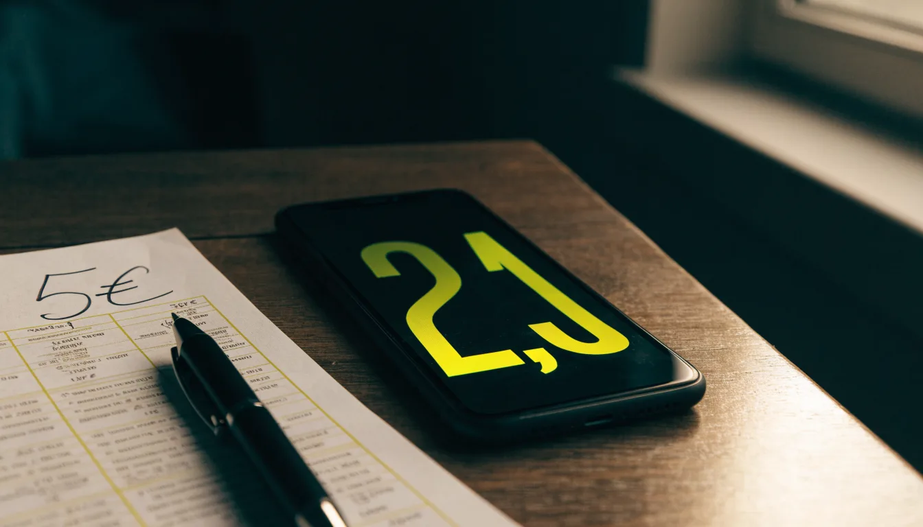 Ein Smartphone liegt mit dunklem Display auf einem Holztisch neben einem leeren Papier-Wettschein, Licht fällt von einem Fenster.