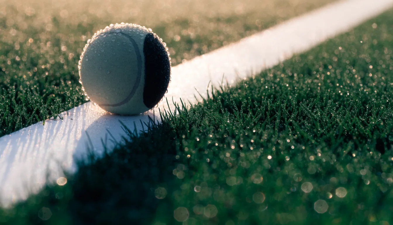 Ein Tennisball liegt auf frisch gemähtem Gras neben einer weißen Linie, Tautropfen glänzen im Gegenlicht.
