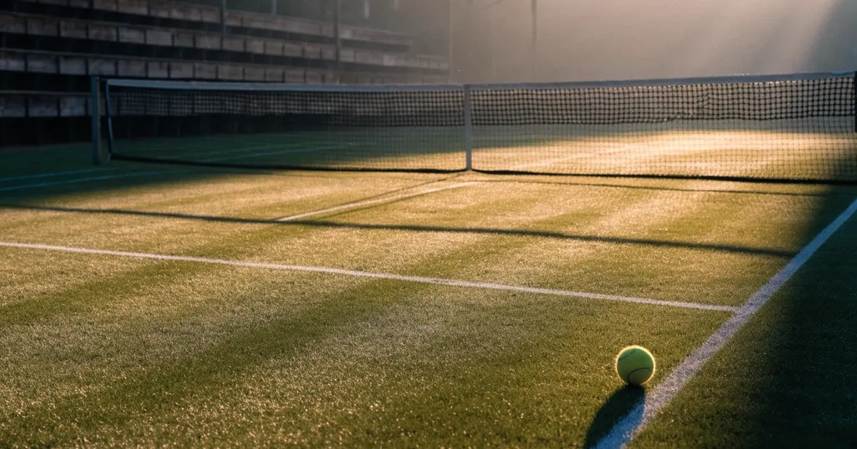 Ein Tennisplatz mit Rasenbelag im Morgenlicht, Netz und weiße Linien, im Hintergrund eine ruhige Tribüne.