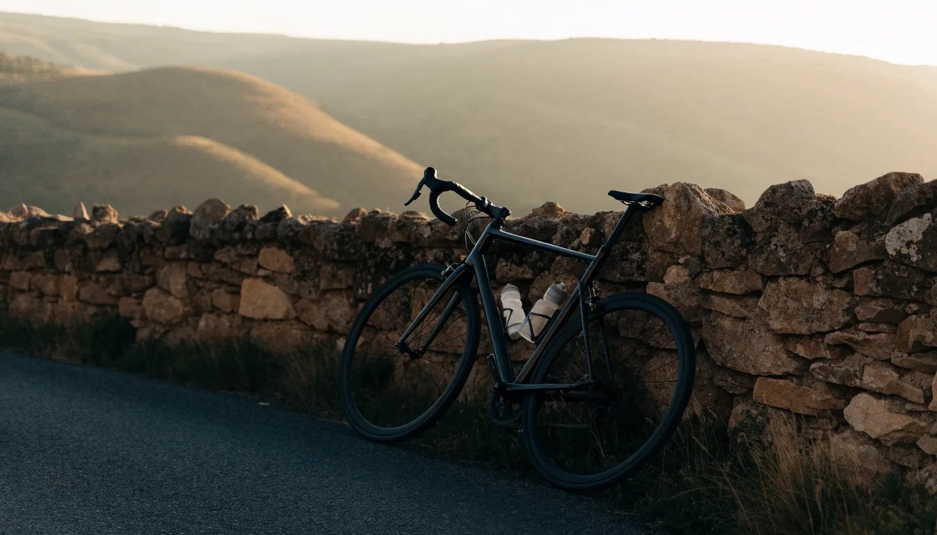Ein Rennrad lehnt an einer Steinmauer in einer Bergkurve, im Hintergrund eine weite Hügellandschaft im Gegenlicht.