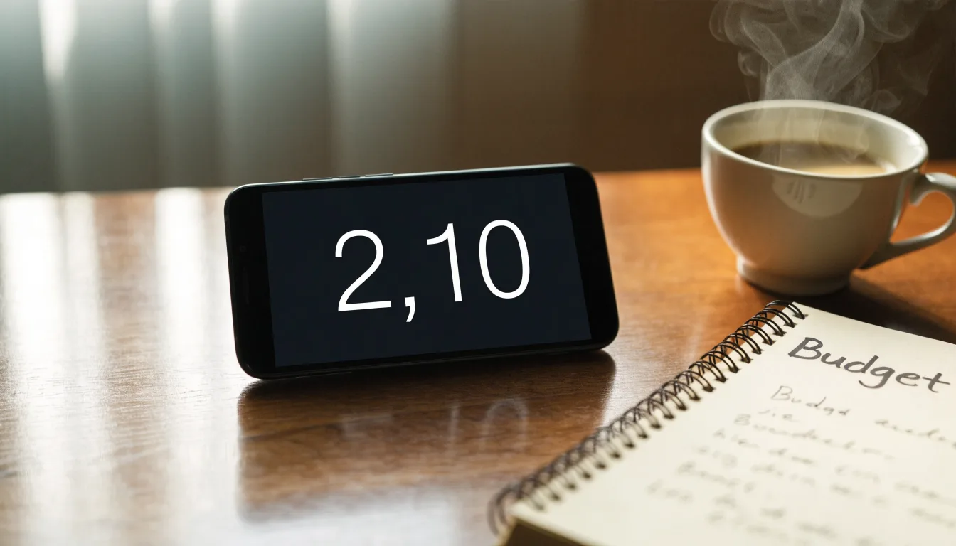 Ein Smartphone liegt auf einem Tisch neben einem Notizbuch mit handschriftlichen Notizen und einer Tasse Kaffee.