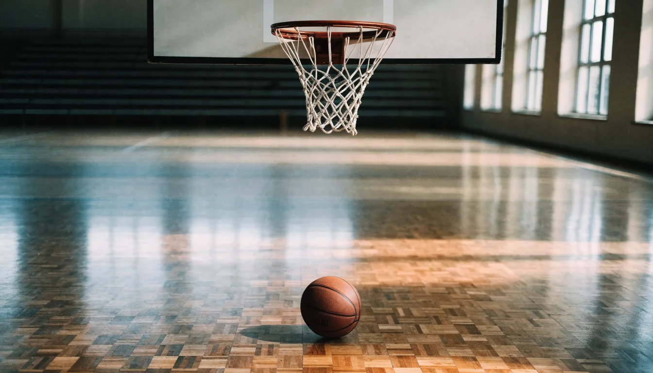 Ein Basketballkorb in einer leeren Halle, der Ball liegt unter dem Brett auf dem Parkett.