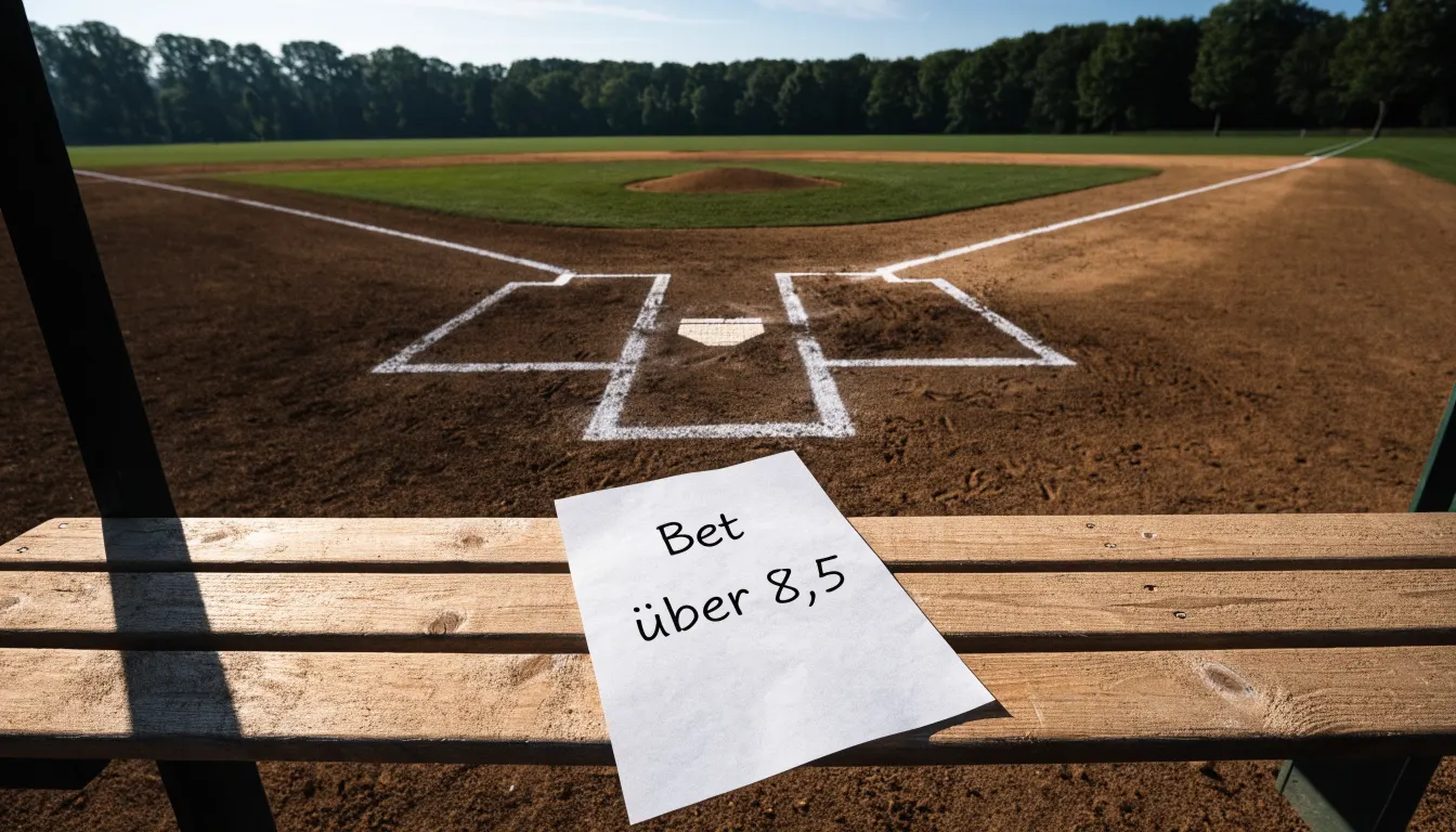 Ein Baseballfeld mit leerem Infield im Morgenlicht, die Linien frisch gezogen, keine Spieler im Bild.