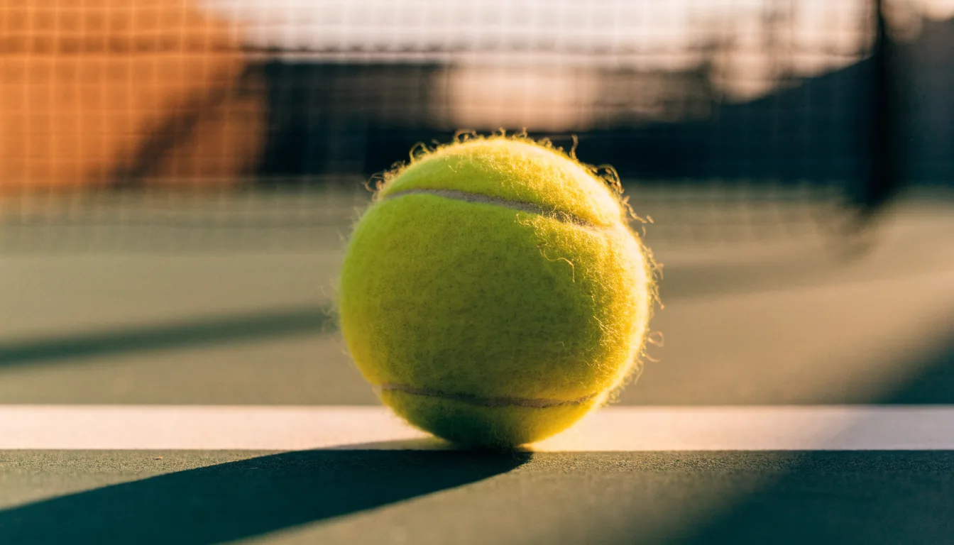 Ein Tennisball liegt in Nahaufnahme auf einer Grundlinie, dahinter verschwimmt ein leerer Platz in warmem Licht.
