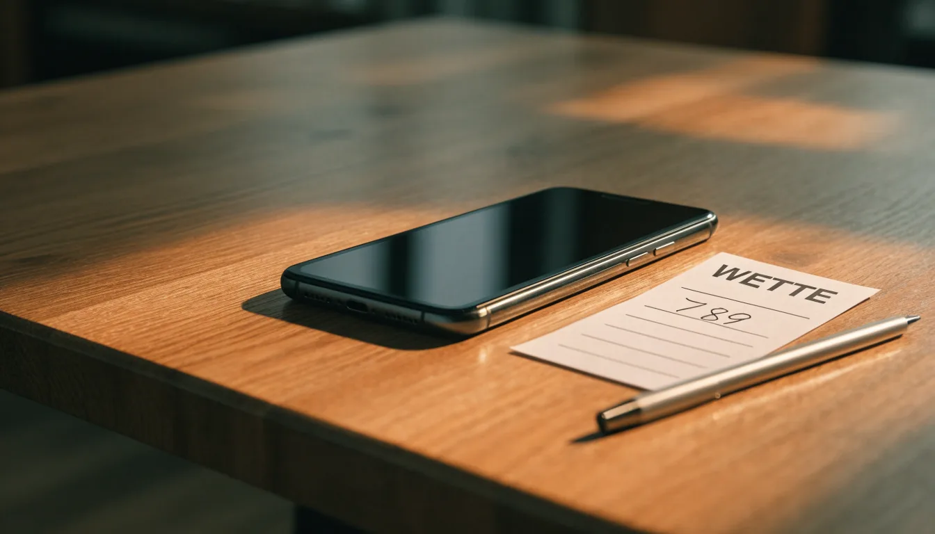 Ein Smartphone mit dunklem Display liegt neben einem leeren Papier-Wettschein auf einem Tisch, Licht fällt von der Seite.