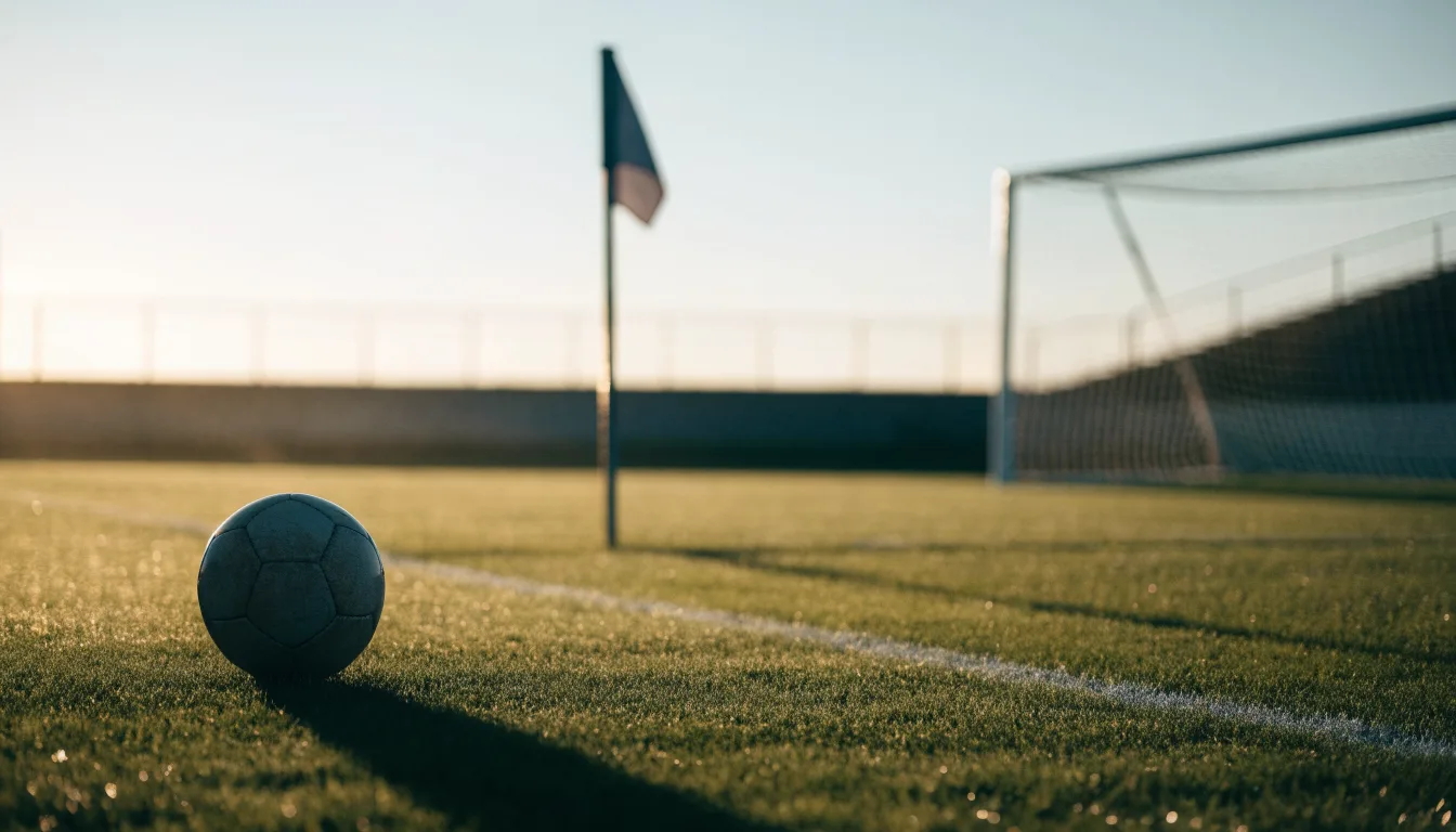Ein Fußball liegt auf Rasen neben einer Eckfahne ohne Aufdruck auf einem leeren Platz im Morgenlicht.