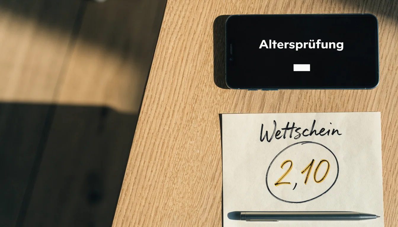 Ein Smartphone liegt mit dunklem Display neben einem leeren Papier-Wettschein und einem Stift auf einem Holztisch.