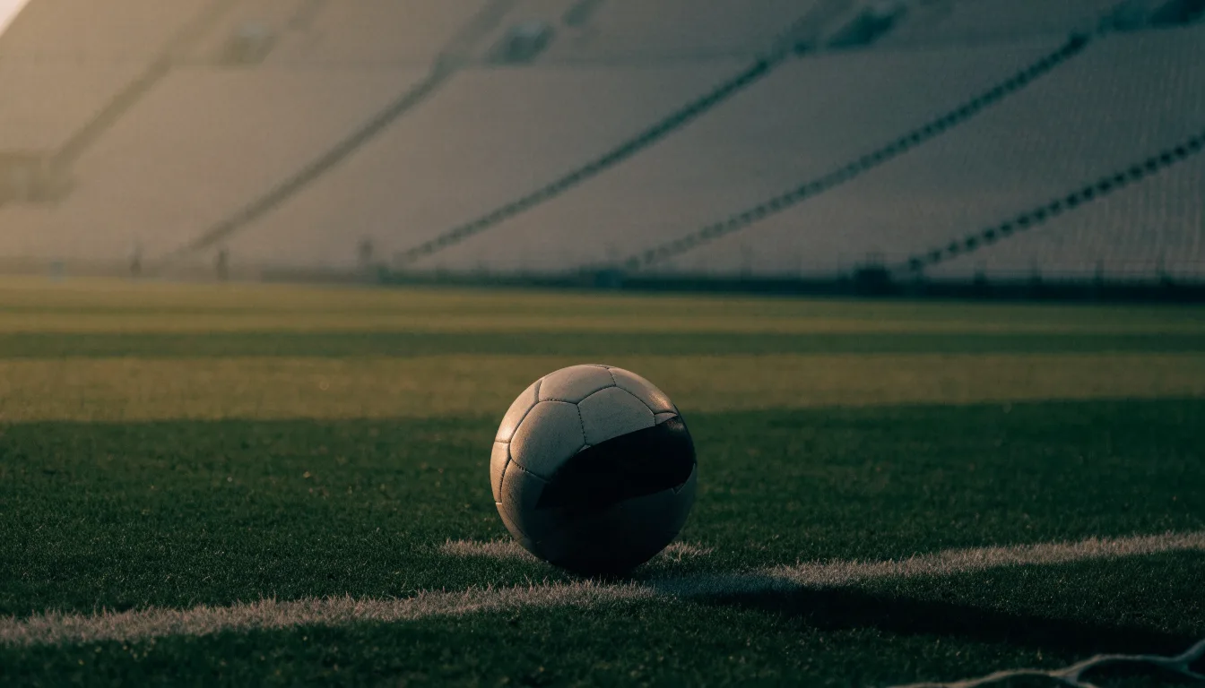 Ein Fußball liegt auf dem Anstoßpunkt eines Rasenplatzes, dahinter eine leere Tribüne im Abendlicht.