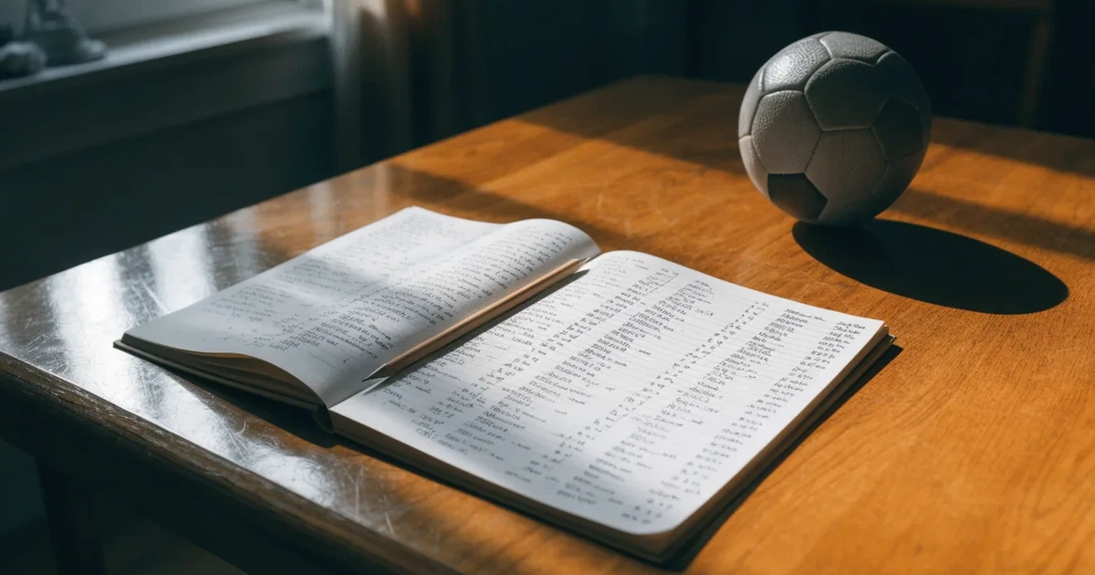 Ein Notizbuch mit handschriftlichen Notizen und einem Bleistift liegt auf einem Holztisch, daneben ein kleiner Fußball im Tageslicht.