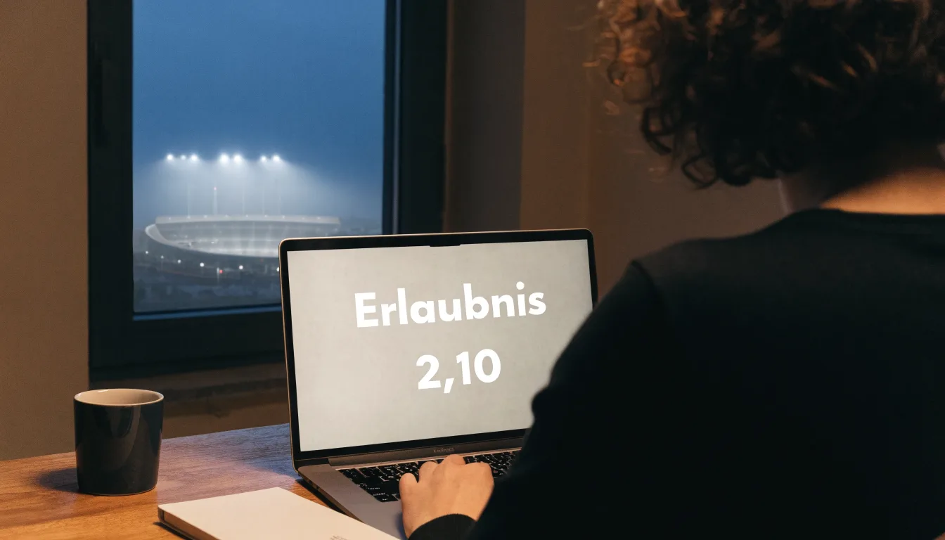 Ein Stadion unter Flutlicht aus der Ferne gesehen, davor ein stiller Parkplatz bei Nebel.