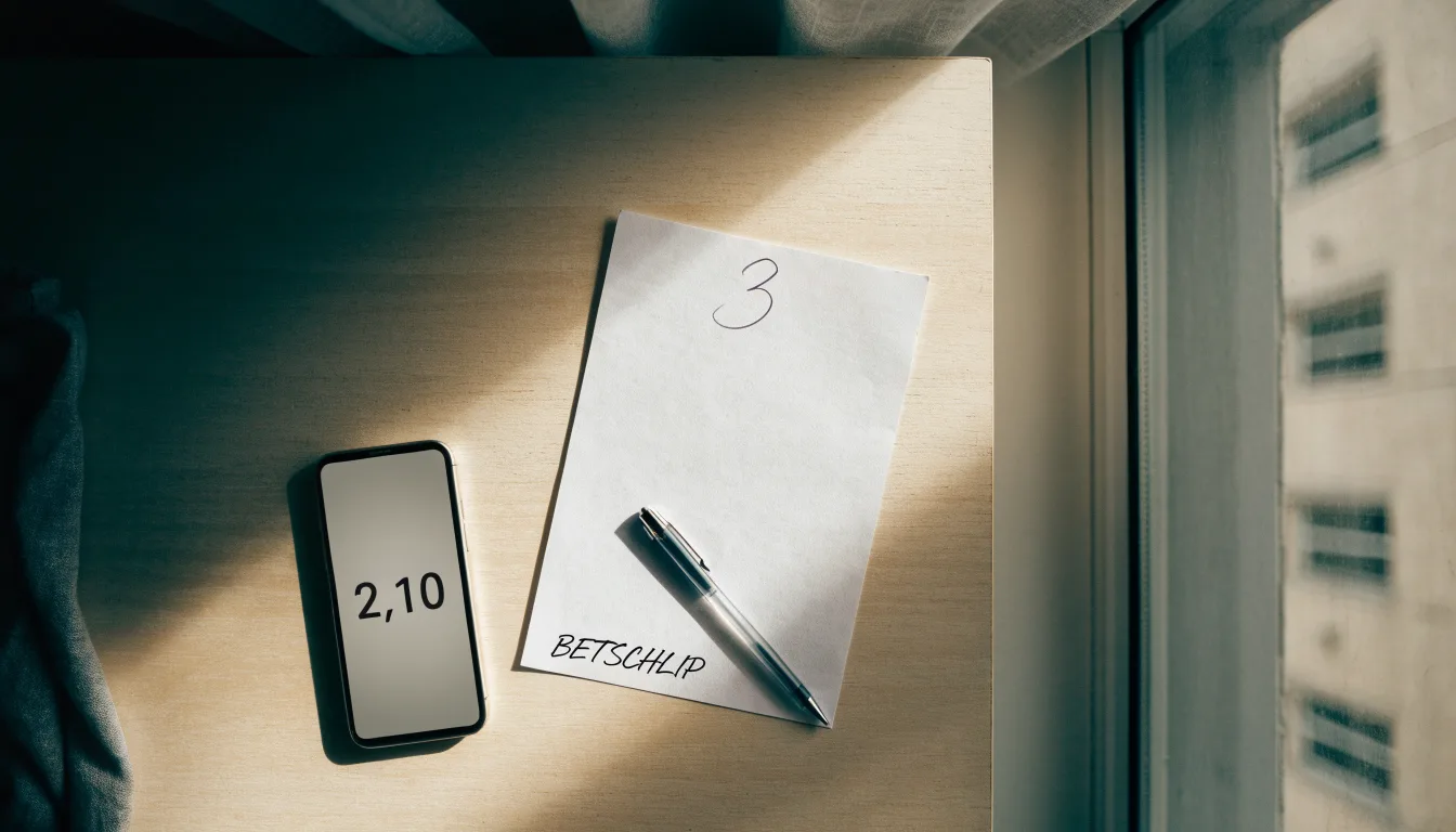Ein leerer Papier-Wettschein und ein Kugelschreiber liegen neben einem Smartphone mit dunklem Display auf einem Schreibtisch am Fenster.