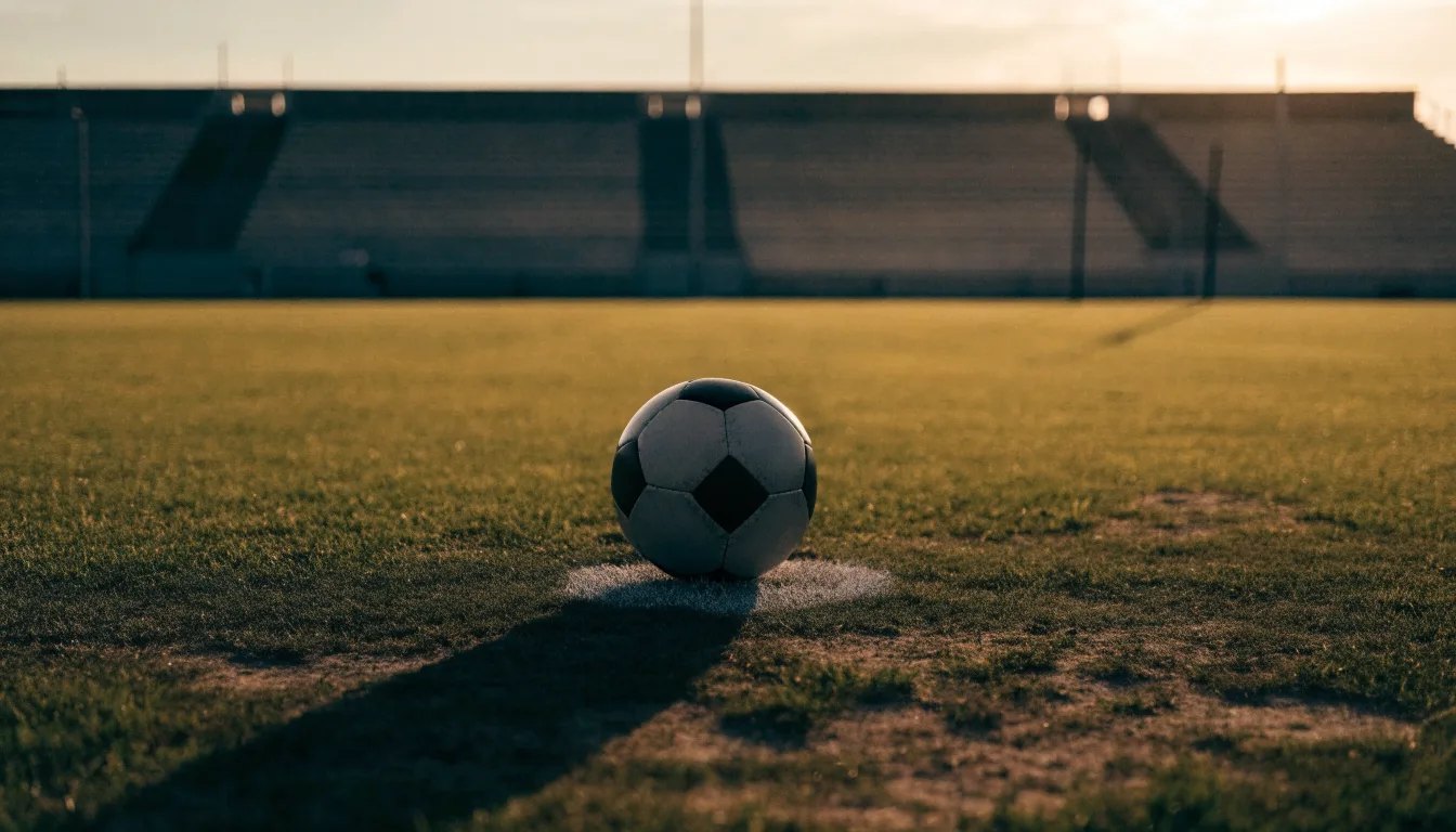 Ein Fußball liegt auf dem Anstoßpunkt eines Rasenplatzes, dahinter eine leere Tribüne im Abendlicht.