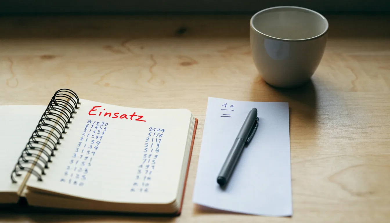 Ein Notizbuch mit handschriftlichen Notizen und ein Taschenrechner stehen auf einem Schreibtisch, daneben eine Tasse.