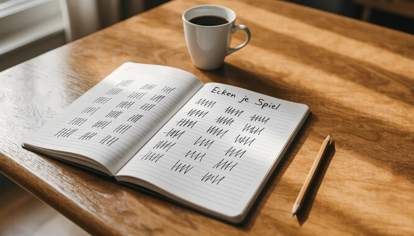Ein Notizbuch mit handgeschriebenen Strichlisten liegt neben einem Bleistift und einer Kaffeetasse auf einem Holztisch.