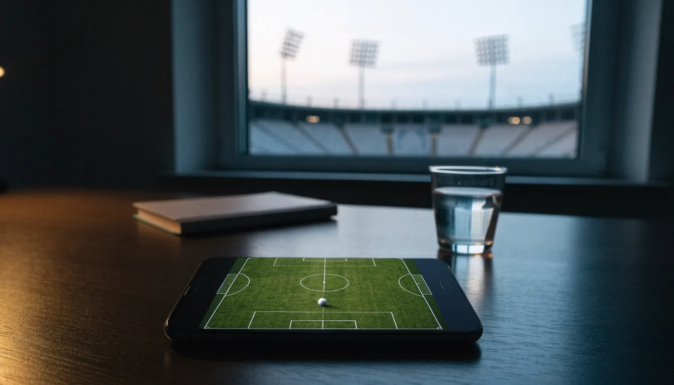 Ein Smartphone mit dunklem Display liegt auf einem Schreibtisch neben einem Glas Wasser, im Fenster dahinter ein Stadion im Dämmerlicht.