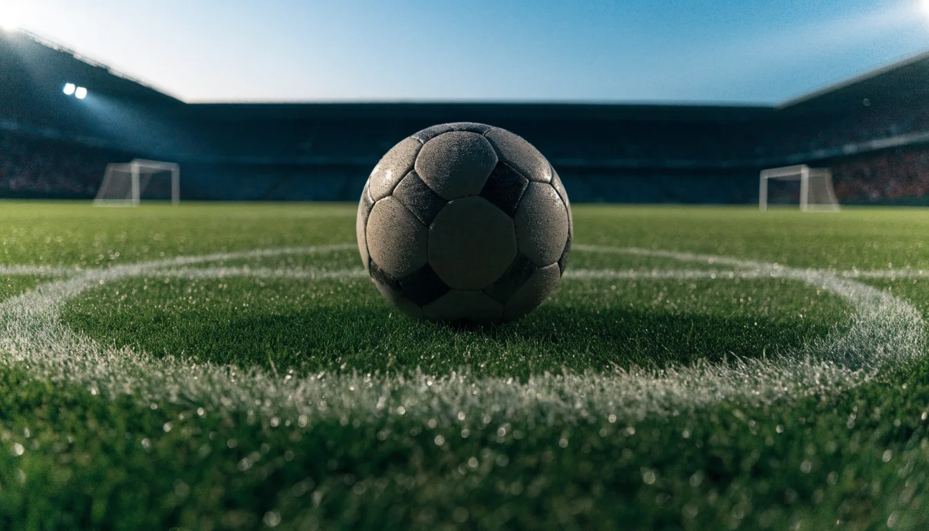 Ein Fußball liegt auf dem Mittelkreis eines leeren Rasenplatzes unter Flutlicht am frühen Abend, die Tribünen sind nur schemenhaft zu erkennen.