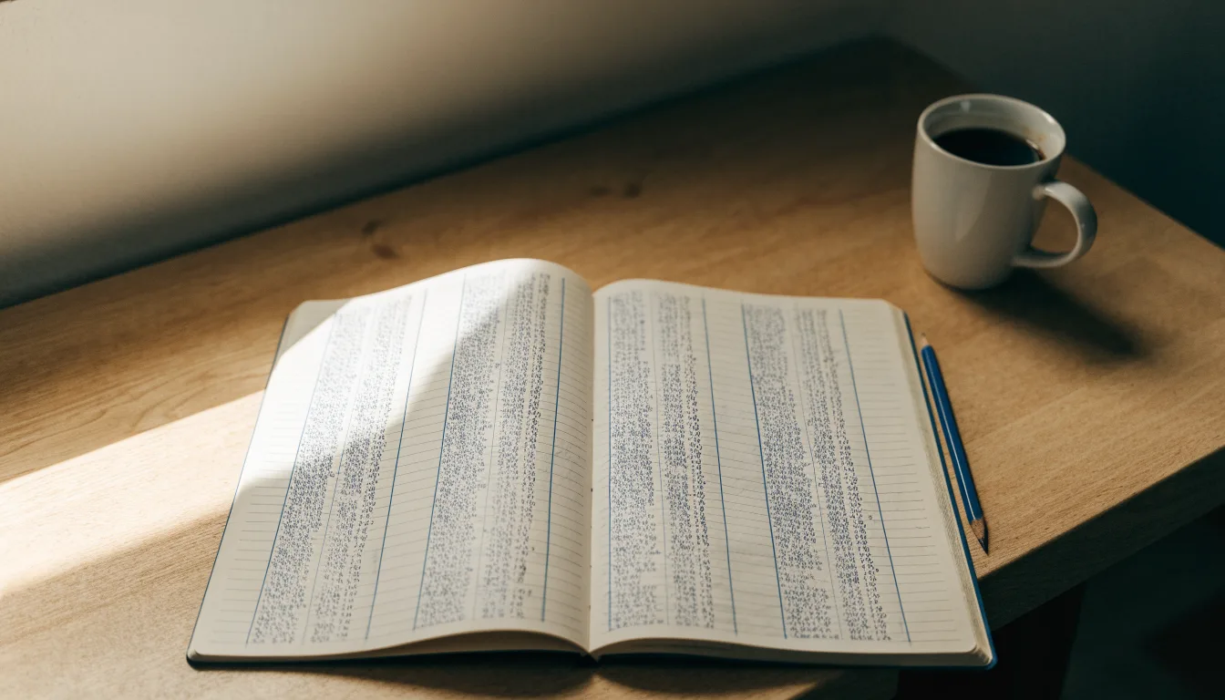 Ein Notizbuch mit handschriftlichen Zahlenreihen und ein Bleistift liegen auf einem Küchentisch neben einer Tasse.