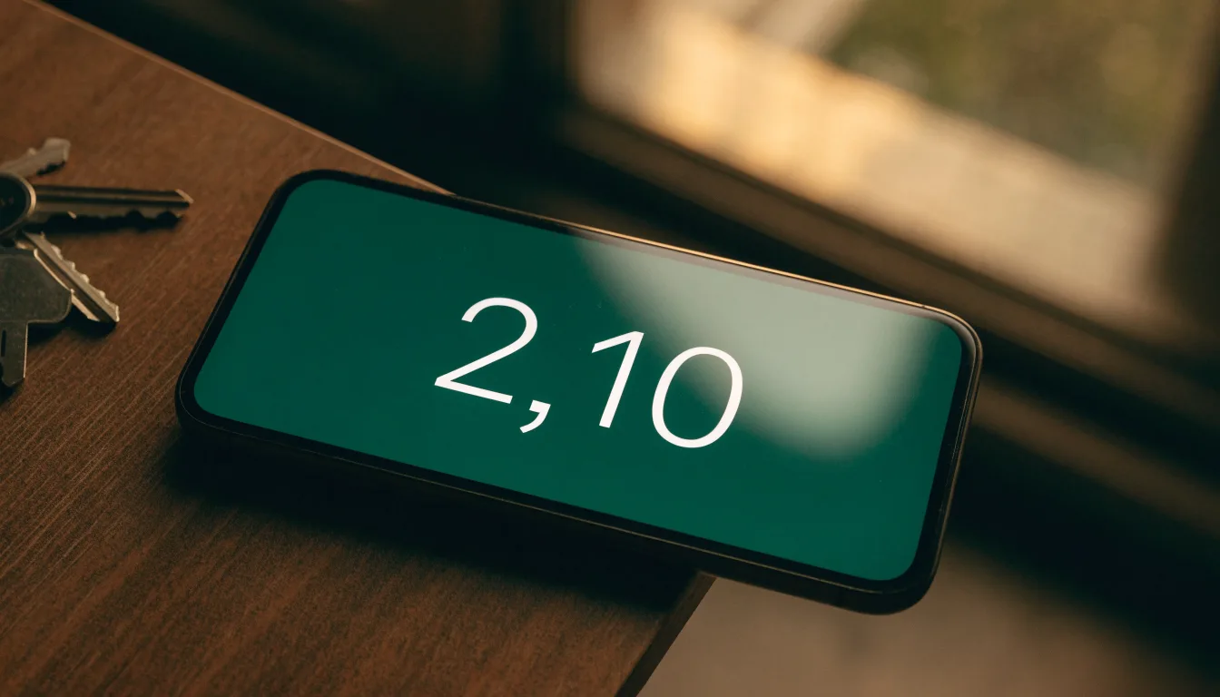 Ein Smartphone mit dunklem Display liegt auf einem Holztisch, daneben ein Schlüsselbund, im Hintergrund ein Fenster mit Abendlicht.