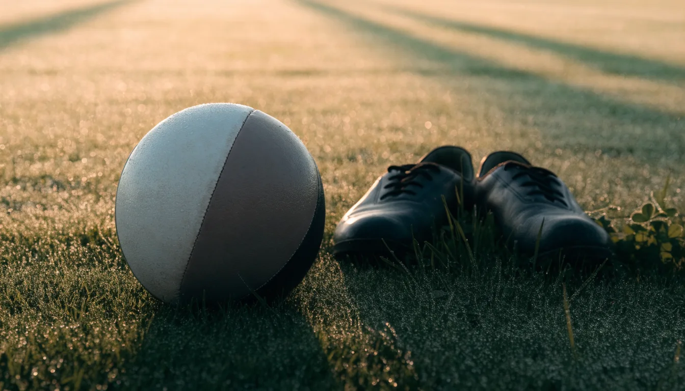 Ein Fußball auf frisch gemähtem Rasen im Morgenlicht, daneben ein Paar Fußballschuhe ohne erkennbare Marke.