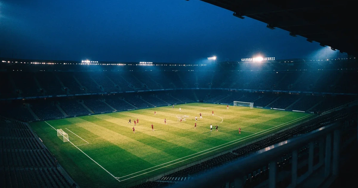 Ein Fußballstadion bei Nacht aus großer Entfernung, hell erleuchtet unter Flutlicht, davor eine dunkle Straße und Bäume.