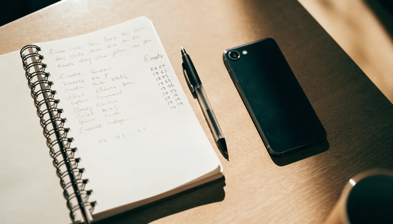 Ein Notizbuch mit handgeschriebenen Zahlen und ein Kugelschreiber liegen auf einem Tisch, daneben ein Smartphone mit schwarzem Bildschirm.