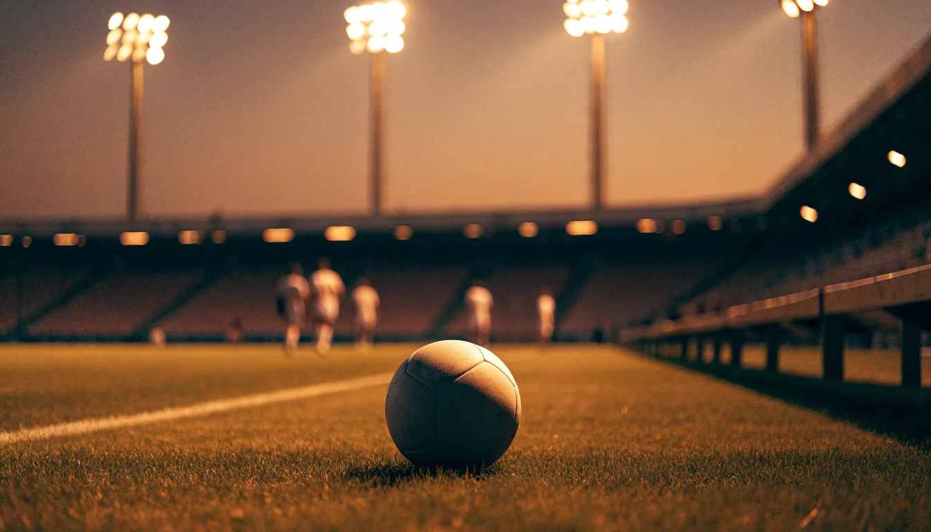 Ein Fußball liegt am Spielfeldrand neben einer leeren Ersatzbank, das Flutlicht über dem Platz leuchtet in der Dämmerung.