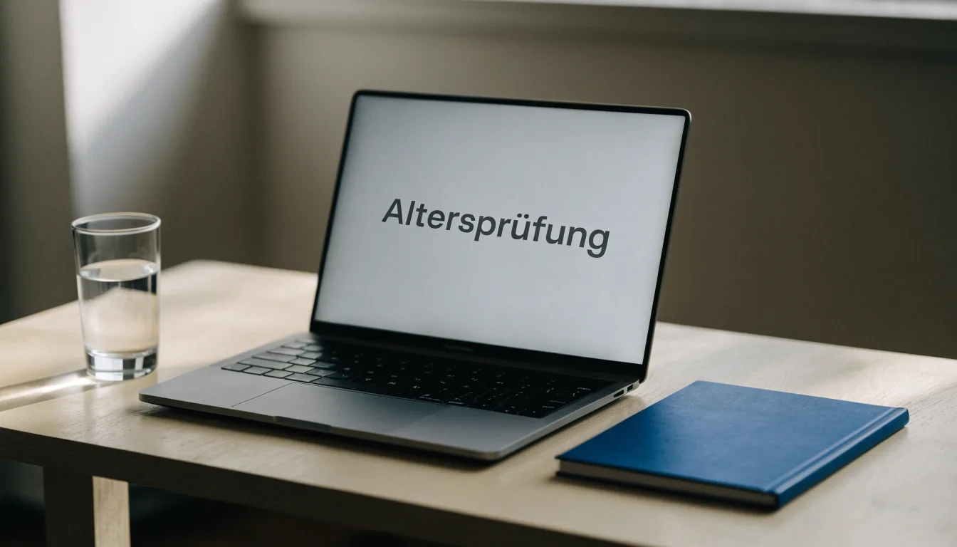 Ein Laptop mit dunklem Bildschirm steht aufgeklappt auf einem Schreibtisch, daneben ein Notizbuch und ein Glas Wasser.