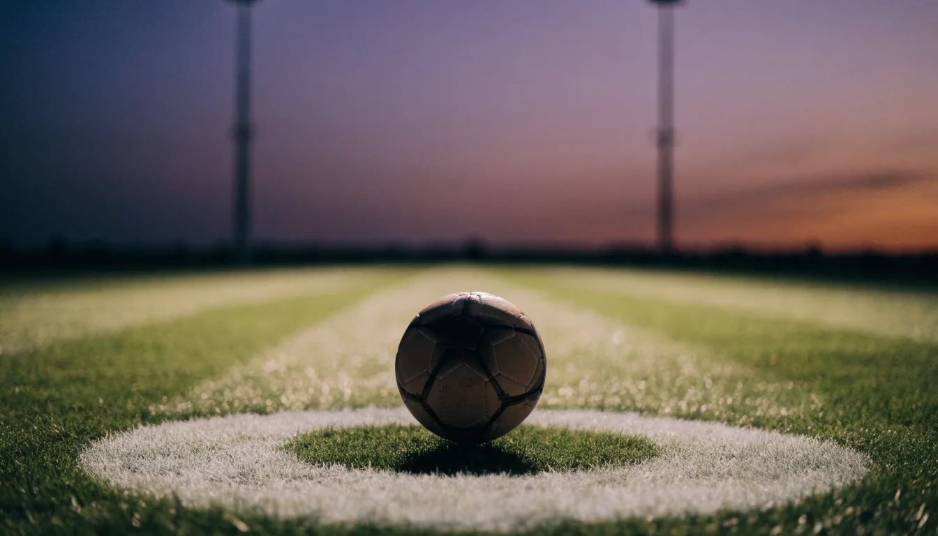 Ein Fußball liegt auf dem Anstoßpunkt eines Rasenplatzes in der Abenddämmerung, Flutlichtmasten stehen unscharf im Hintergrund.