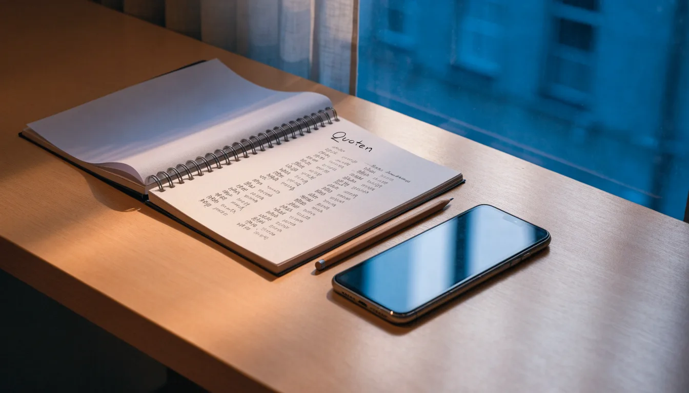 Ein Notizbuch mit handschriftlichen Zahlen liegt neben einem Smartphone mit dunklem Display auf einem Tisch, im Fenster Dämmerlicht.