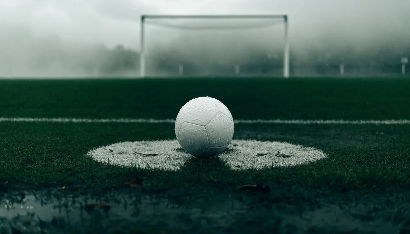 Ein Fußball liegt auf dem Elfmeterpunkt eines nassen Rasenplatzes, im Hintergrund ein leeres Tor im Nebel.