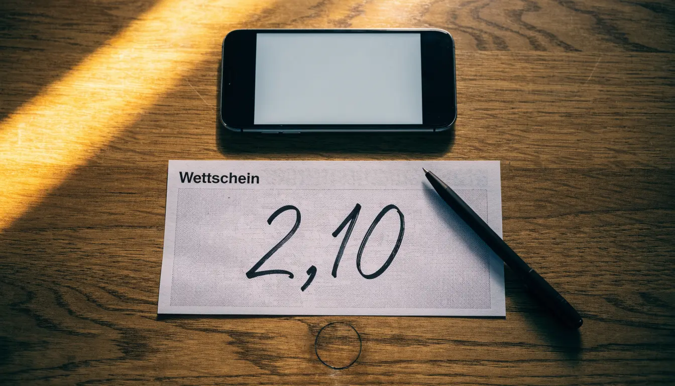 Ein leerer Papier-Wettschein und ein Kugelschreiber liegen auf einem Holztisch neben einem schwarzen Smartphone.